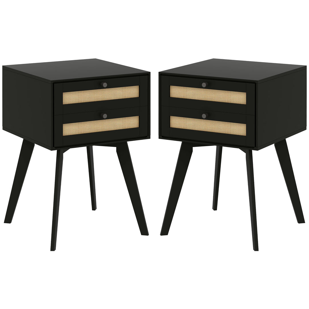 HOMCOM Boho Night Stands Set of 2, Bedside Tables with 2 Rattan Drawers, Square End Tables for Bedroom, Living Room