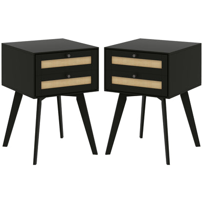 HOMCOM Boho Night Stands Set of 2, Bedside Tables with 2 Rattan Drawers, Square End Tables for Bedroom, Living Room
