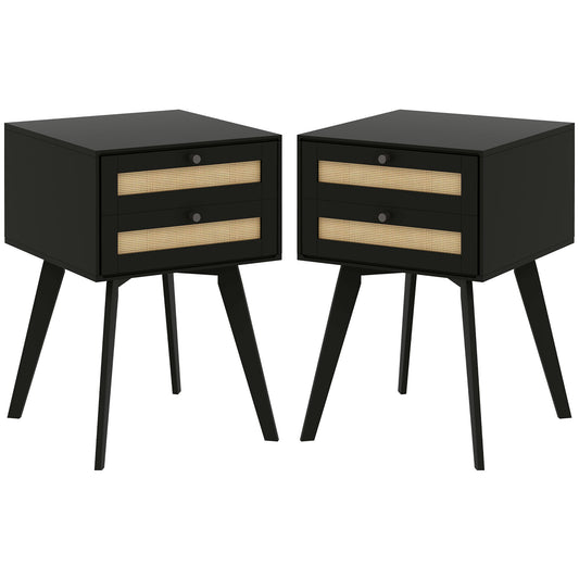 HOMCOM Boho Night Stands Set of 2, Bedside Tables with 2 Rattan Drawers, Square End Tables for Bedroom, Living Room