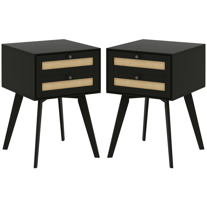 HOMCOM Boho Night Stands Set of 2, Bedside Tables with 2 Rattan Drawers, Square End Tables for Bedroom, Living Room