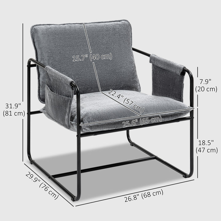 HOMCOM Modern Accent Chair, Upholstered Armchair with Side Pockets and Steel Frame, Comfy Reading Chair for Bedroom, Grey