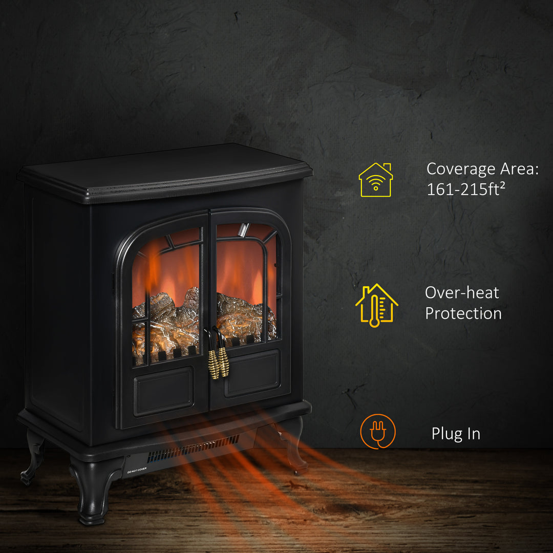 HOMCOM Electric Fireplace Stove Heater with LED Fire Flame Effect, Double Door, Freestanding & Portable with Overheat Protection, 750W/1500W, Black