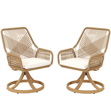 Outsunny Outdoor Swivel Dining Chairs Set of 2, Patio Rattan Chairs with Soft Cushions for Garden, Backyard, Poolside, Khaki