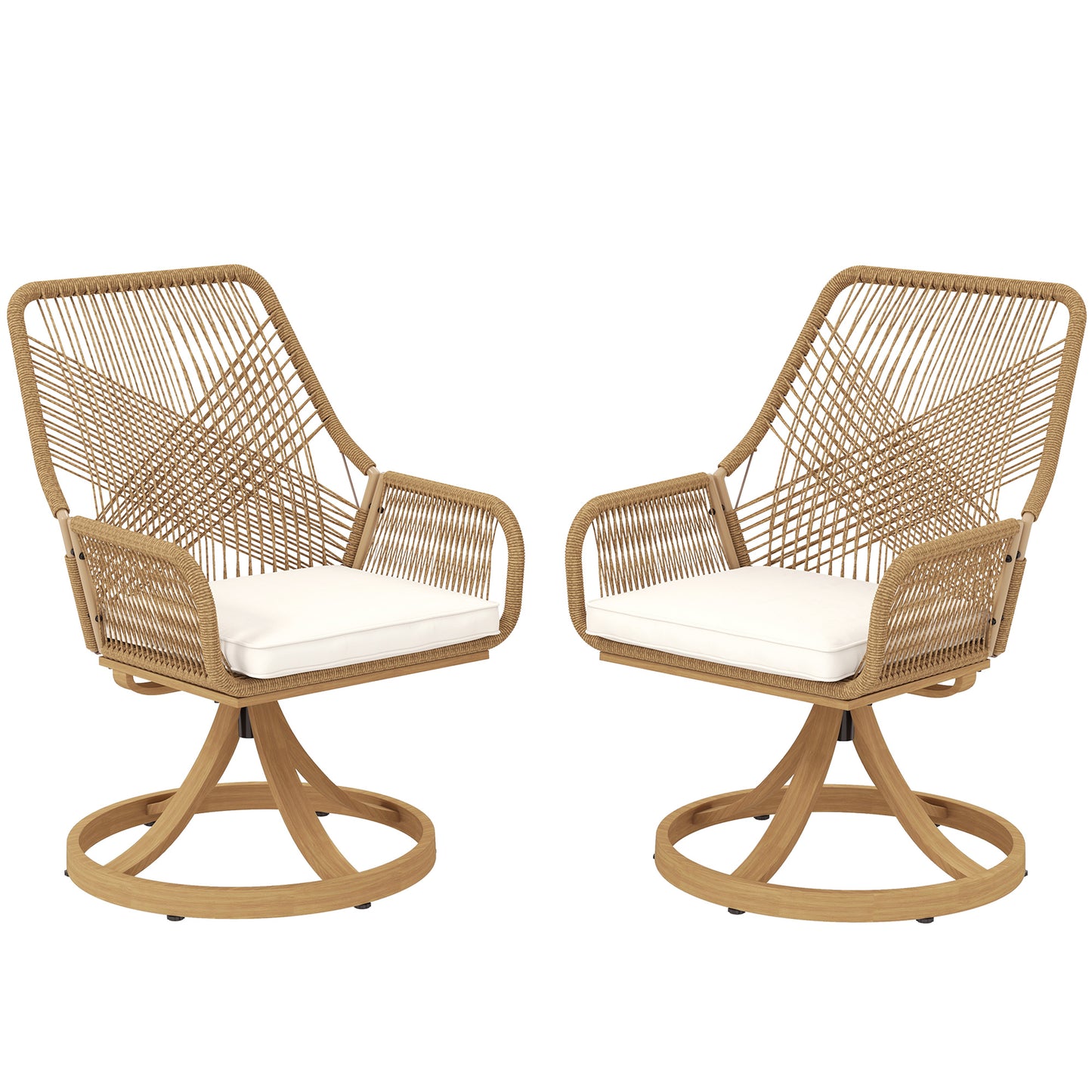 Outsunny Outdoor Swivel Dining Chairs Set of 2, Patio Rattan Chairs with Soft Cushions for Garden, Backyard, Poolside, Khaki