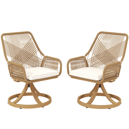 Outsunny Outdoor Swivel Dining Chairs Set of 2, Patio Rattan Chairs with Soft Cushions for Garden, Backyard, Poolside, Khaki