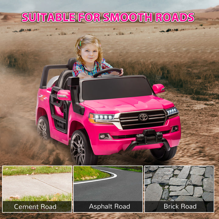 Qaba 12V Toyota LAND CRUISER Licensed Kids Car w Remote Control, Four Wheel Spring Suspension, Soft Start, LED Light, Pink