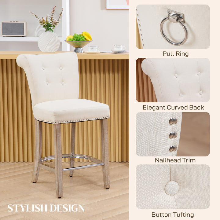 HOMCOM Bar Stools Set of 2, Upholstered Counter Height Stools with Button Tufted Back, Wood Legs and Footrest, Grey