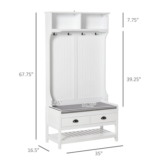 HOMCOM Coat Rack Shoe Bench, Hall Tree with Bench and Shoe Storage, Entryway Bench with 4 Hooks, 2 Drawers, 2 Shelves, White