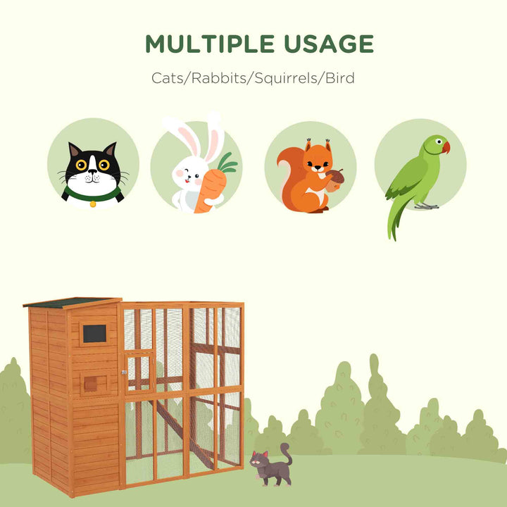 PawHut 68.7" H Cat Cage Large Wooden Outdoor Cat House with Large Run for Play, Catio for Lounging, and Condo Area for Sleeping, White