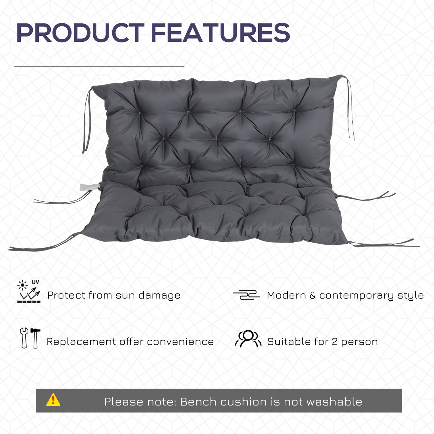 Outsunny Porch Swing Cushion Garden Bench Cushion with Backrest, Non-Slip 2-seater Thick Pad, Swing Chair Mat Replacement for Indoor and Outdoor, 39.4" x 38.6", Dark Grey