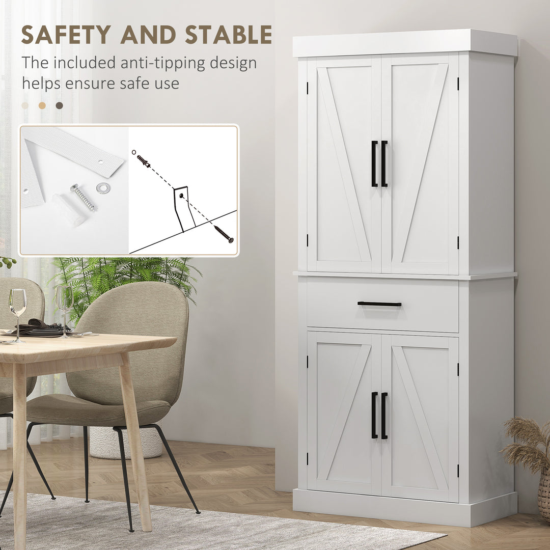 HOMCOM 72" Kitchen Storage Cabinet, Farmhouse Kitchen Pantry Cabinet with 4 Barn Doors, Drawer, Adjustable Shelves, Grey