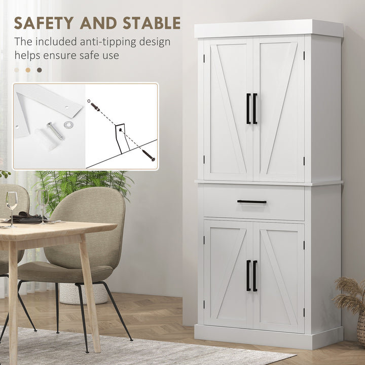 HOMCOM 72" Kitchen Storage Cabinet, Farmhouse Kitchen Pantry Cabinet with 4 Barn Doors, Drawer, Adjustable Shelves, Grey