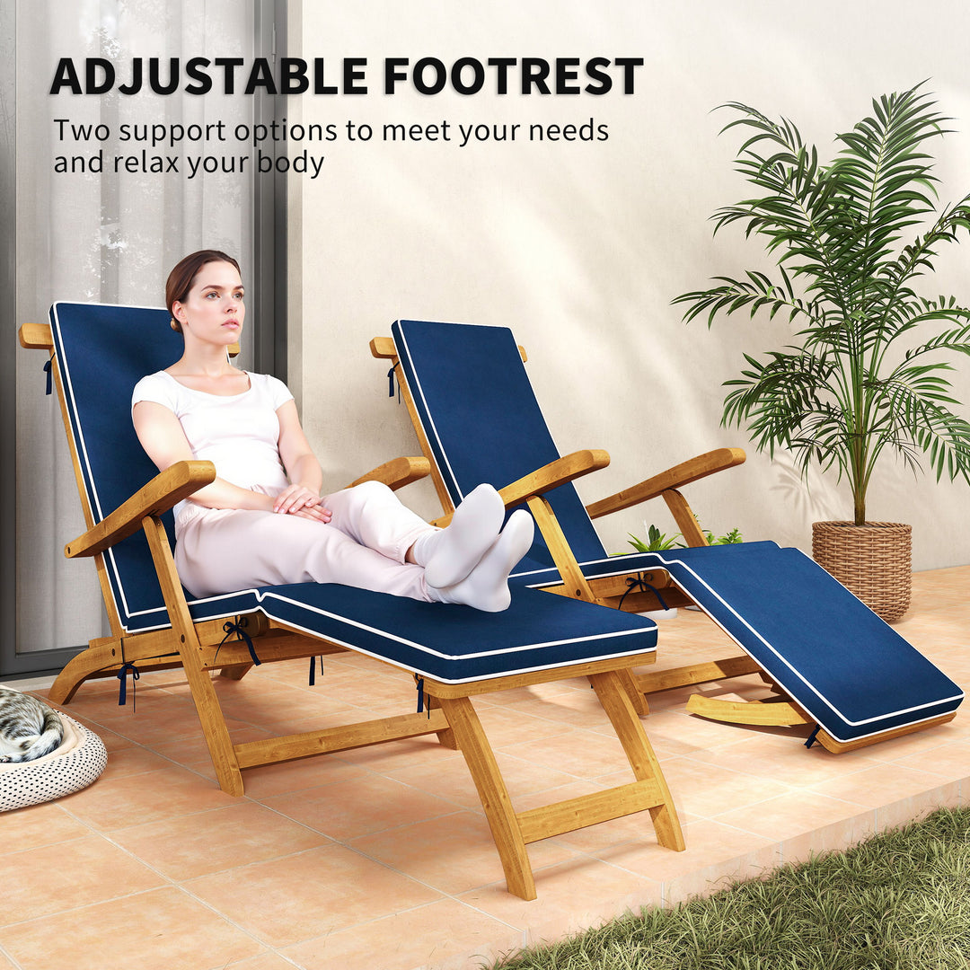 Outsunny Folding Patio Lounge Chair with Padded Cushion, Acacia Wood Patio Lounger Recliner with Footrest for Garden, White