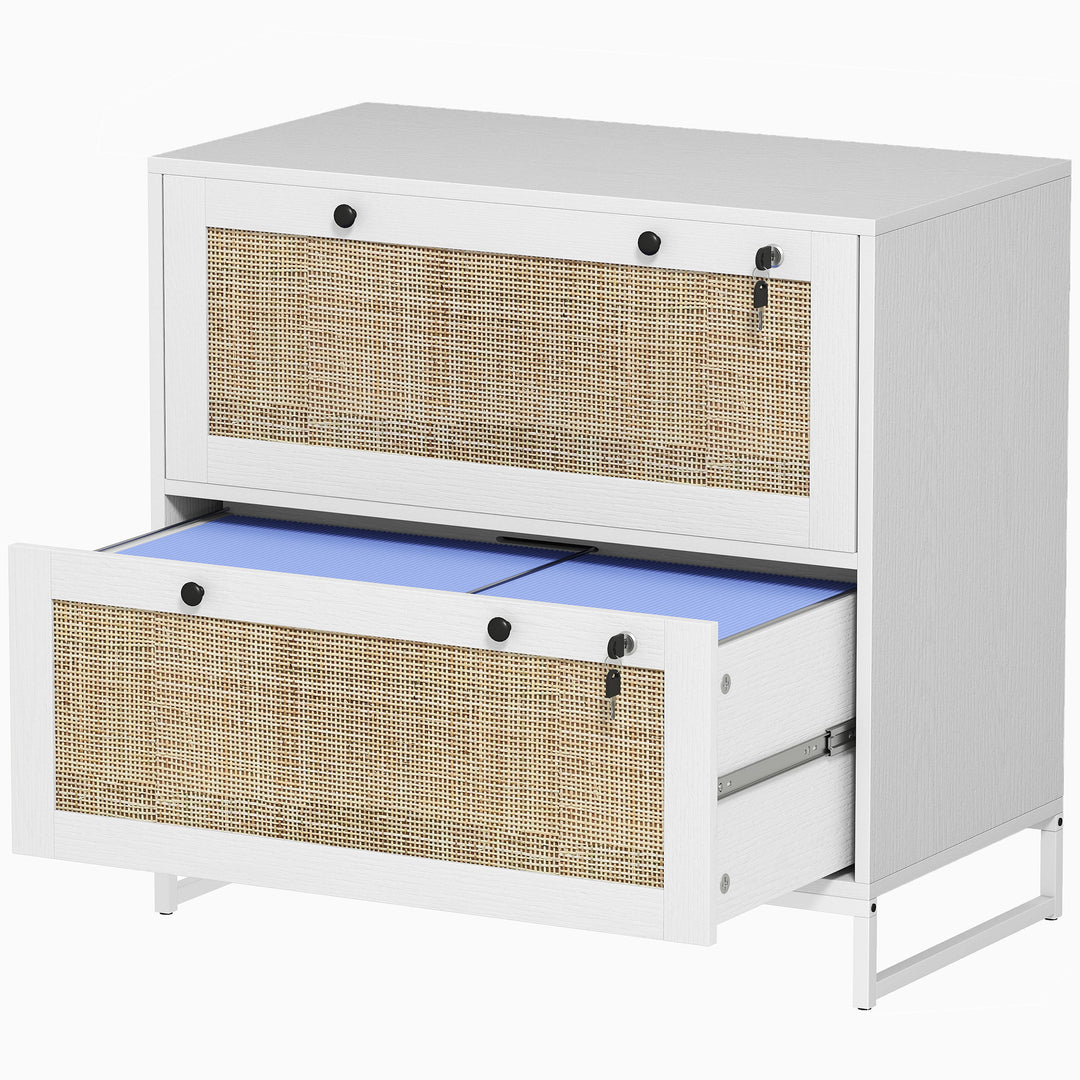 Vinsetto 2-Drawer Filing Cabinet with Lock, Rattan File Cabinet with Adjustable Hanging Bar, Natural