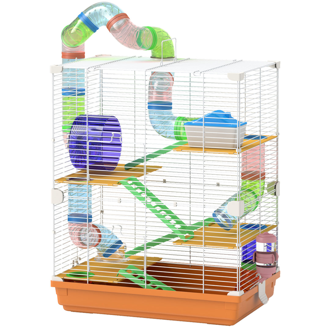 PawHut 5 Tiers Hamster Cage Portable with Exercise Wheels Play Tube Water Bottle Dishes House Ladder for Gerbils, Light Blue