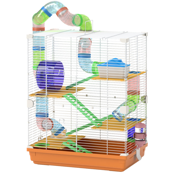 PawHut 5 Tiers Hamster Cage Portable with Exercise Wheels Play Tube Water Bottle Dishes House Ladder for Gerbils, Light Blue