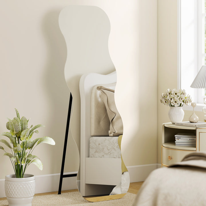 HOMCOM 64" x 21" Full Length Mirror, Irregular Wavy Frameless Full Body Mirror with Pine Wood Base for Bedroom, Black