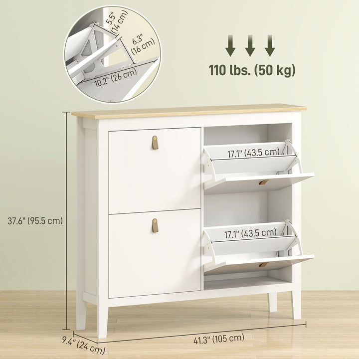 HOMCOM Narrow Shoe Cabinet with 4 Flip Drawers, Adjustable Shelves for Entryway, Holds 12-20 Pairs, White