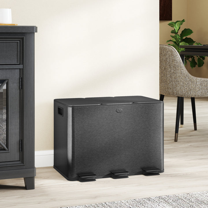 HOMCOM Triple Garbage Bin, Soft-Close Trash Can with Foot Pedal, 3 x 20 Liter Garbage Can with Removable Inner Buckets, Silver