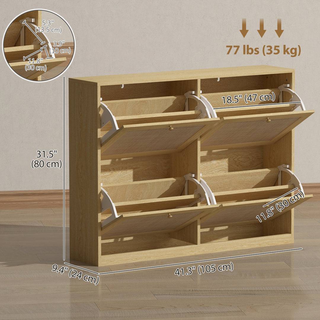 HOMCOM Narrow Shoe Storage Cabinet, Rattan Shoe Cabinet with 4 Flip Drawers and Adjustable Shelves for 20 Pairs, Black