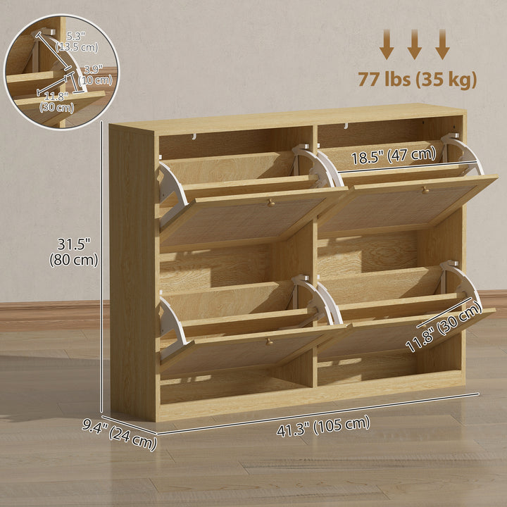 HOMCOM Narrow Shoe Storage Cabinet, Rattan Shoe Cabinet with 4 Flip Drawers and Adjustable Shelves for 20 Pairs, Black