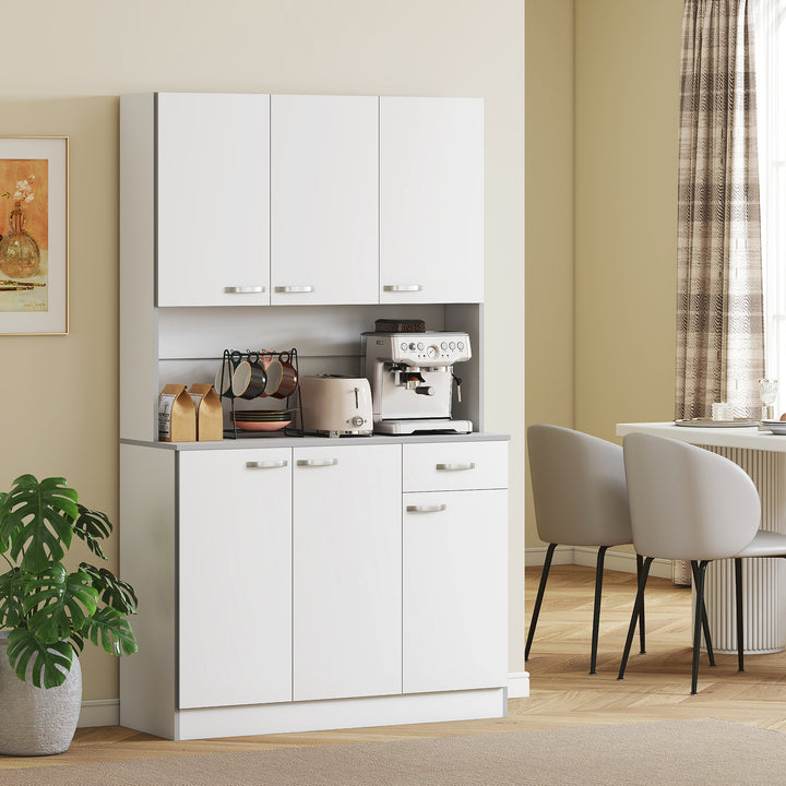 HOMCOM 71" Modern Buffet with Hutch, Standing Kitchen Hutch with Storage Cabinets, Drawer, Open Space with Microwave Stand, White
