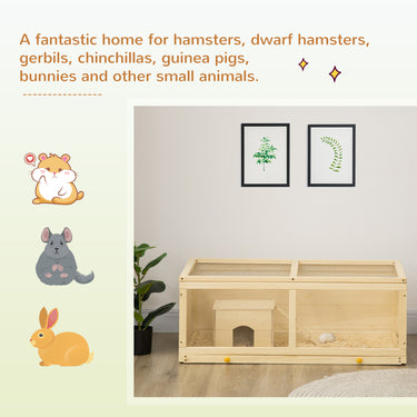 PawHut Small Animals Kit Hutch w/ Sliding Tray, Exercise Play House for Dwarf Hamsters, Gerbils, Chinchillas, Natural Wood