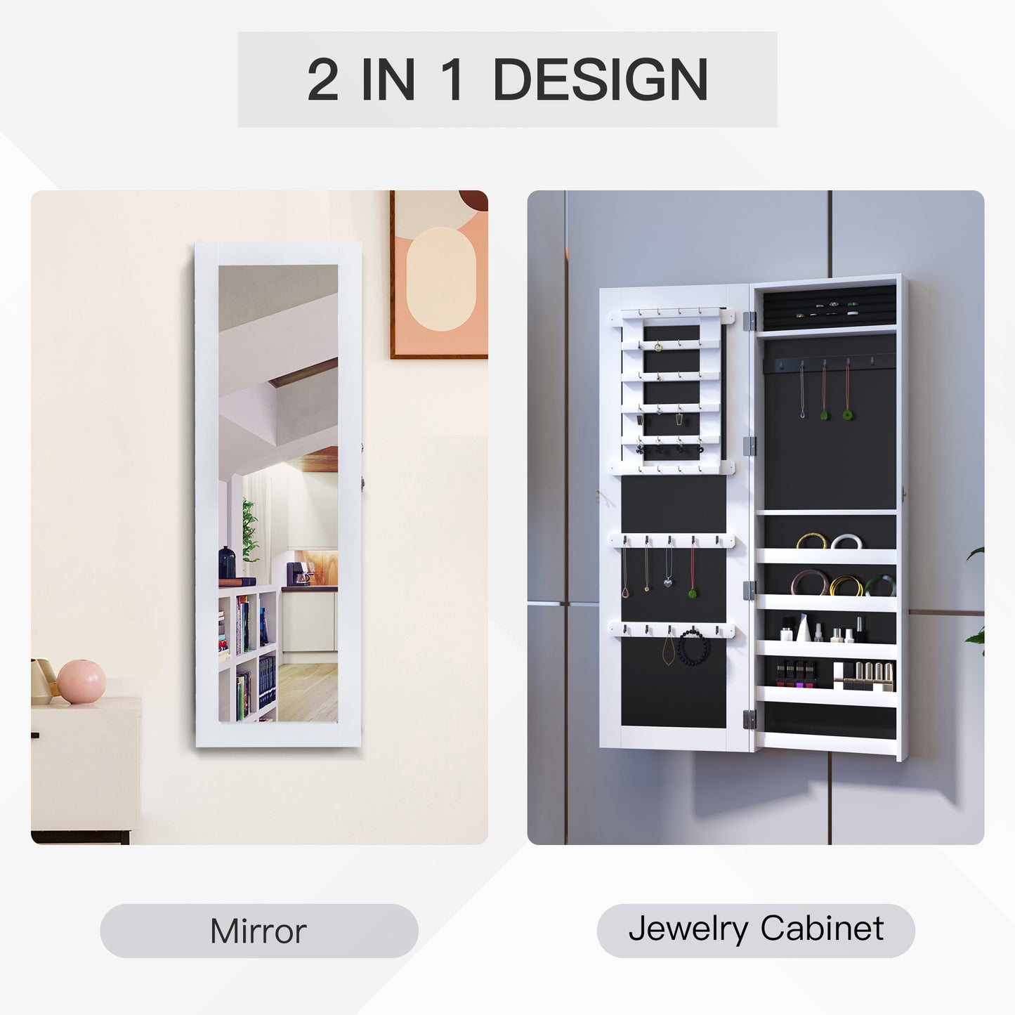 HOMCOM White Mirrored Jewelry Cabinet Hanging Wall Mount Real Glass Mirror Locked, White