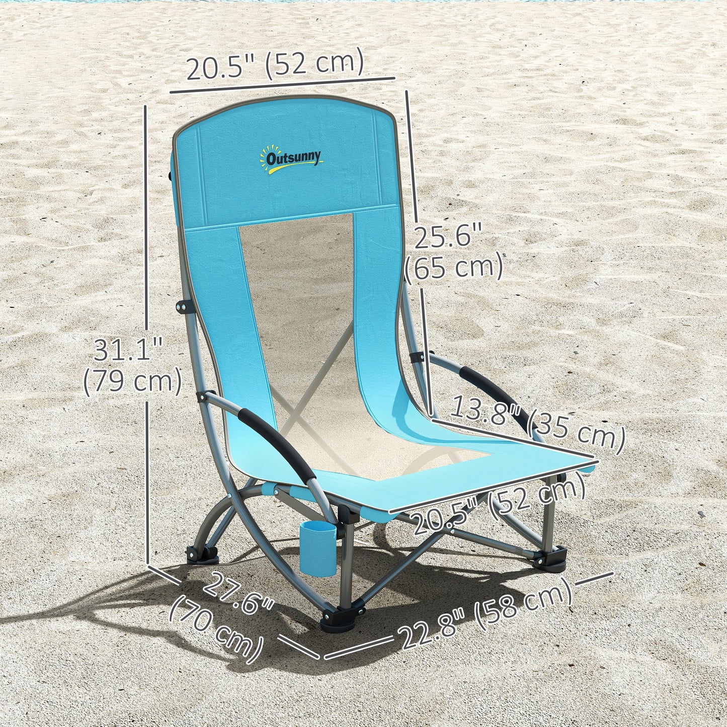 Outsunny Set of 2 Folding Beach Chairs with Mesh Back, Carry Bag and Cup Holder for Outdoor Camping Lawn, 22.8" x 21.7" x 24.4"