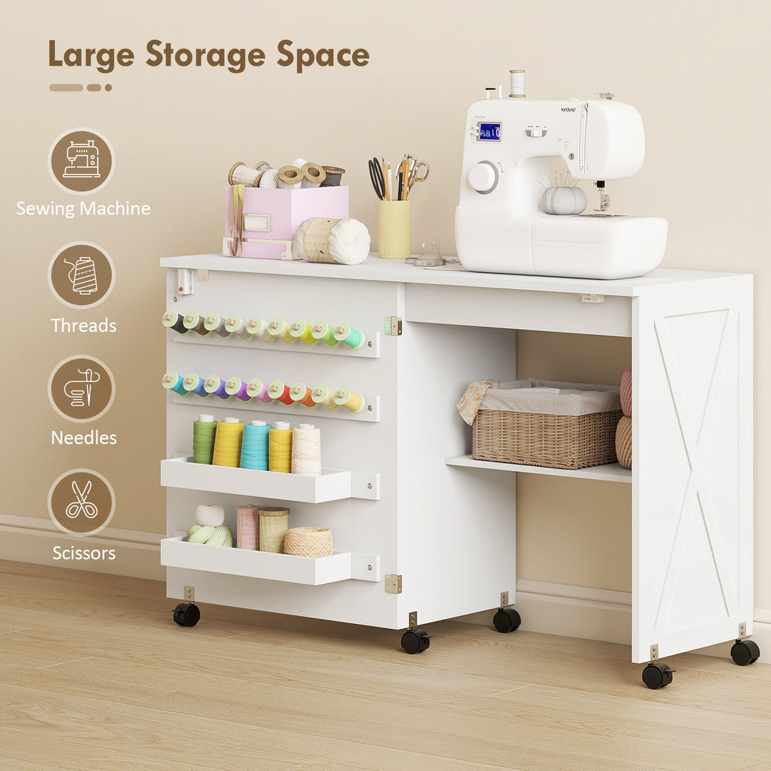 HOMCOM Sewing Machine Table on Wheels, Folding Craft Table with 2 Bins, Storage Shelf, 18 Pegs, Lockable Wheels, Brown