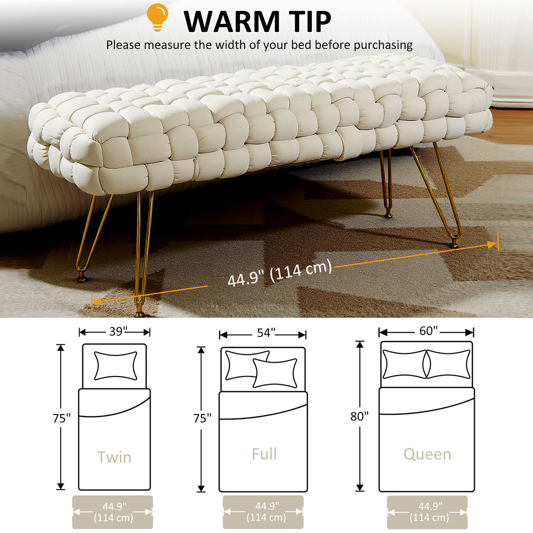 HOMCOM Upholstered Velvet End of Bed Bench 39" Woven End of Bed Bench with Gold Metal Legs for Entryway, Cream White