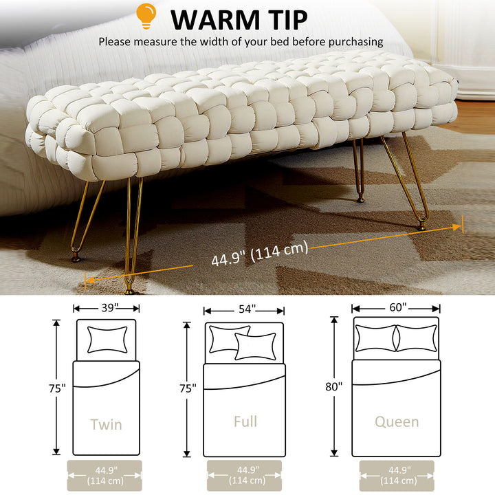 HOMCOM Upholstered Velvet End of Bed Bench 39" Woven End of Bed Bench with Gold Metal Legs for Entryway, Cream White