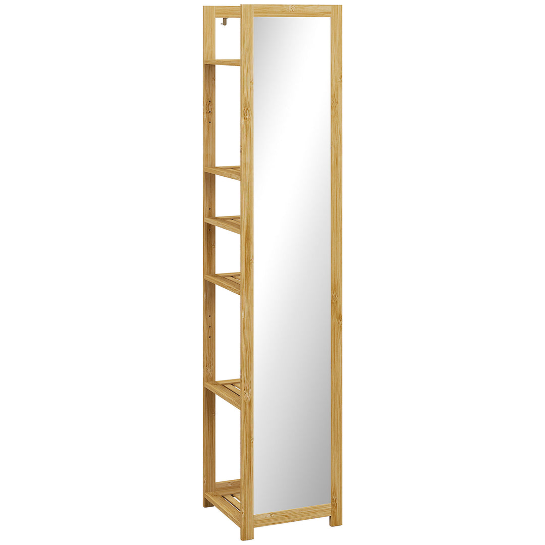 HOMCOM 66" x 14" Standing Mirror with 6-Tier Shelf, Floor Mirror Full Body Mirror for Bathroom, Living Room, Nature Wood