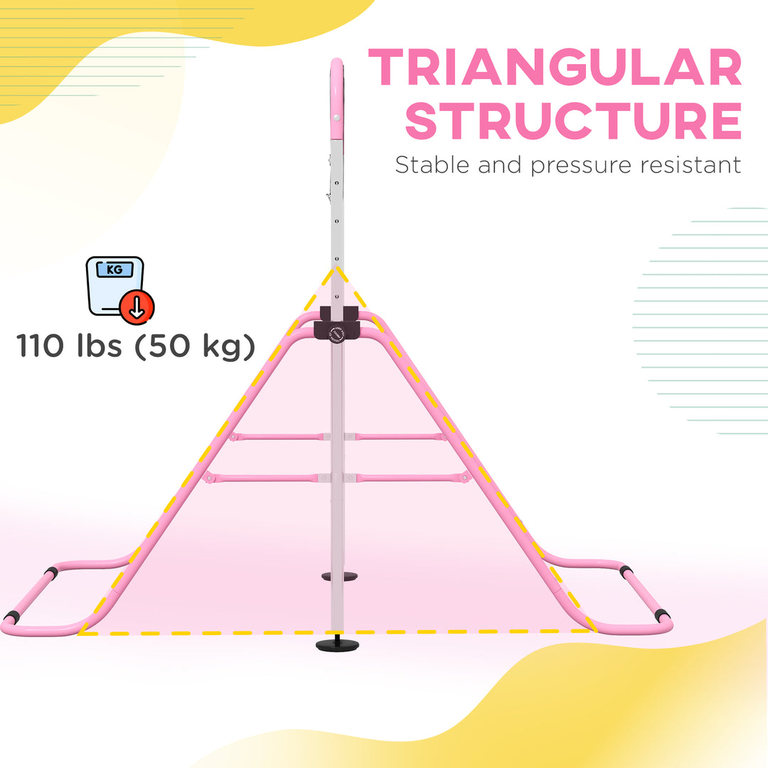 Qaba Kids Gymnastics Bar, Adjustable Height Folding Horizontal Bar with Gymnastics Rings, Non-slip Rubber Floor Rings, Purple