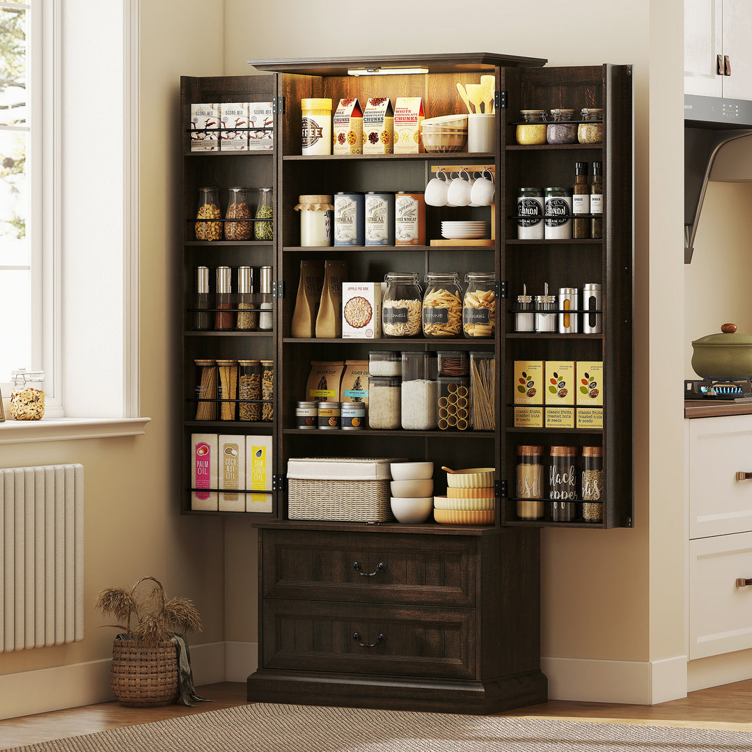 HOMCOM 72" LED Kitchen Pantry Cabinet, Buffet Storage Cabinet with 10 Door Shelves, 2 Drawers and Adjustable Shelves, White