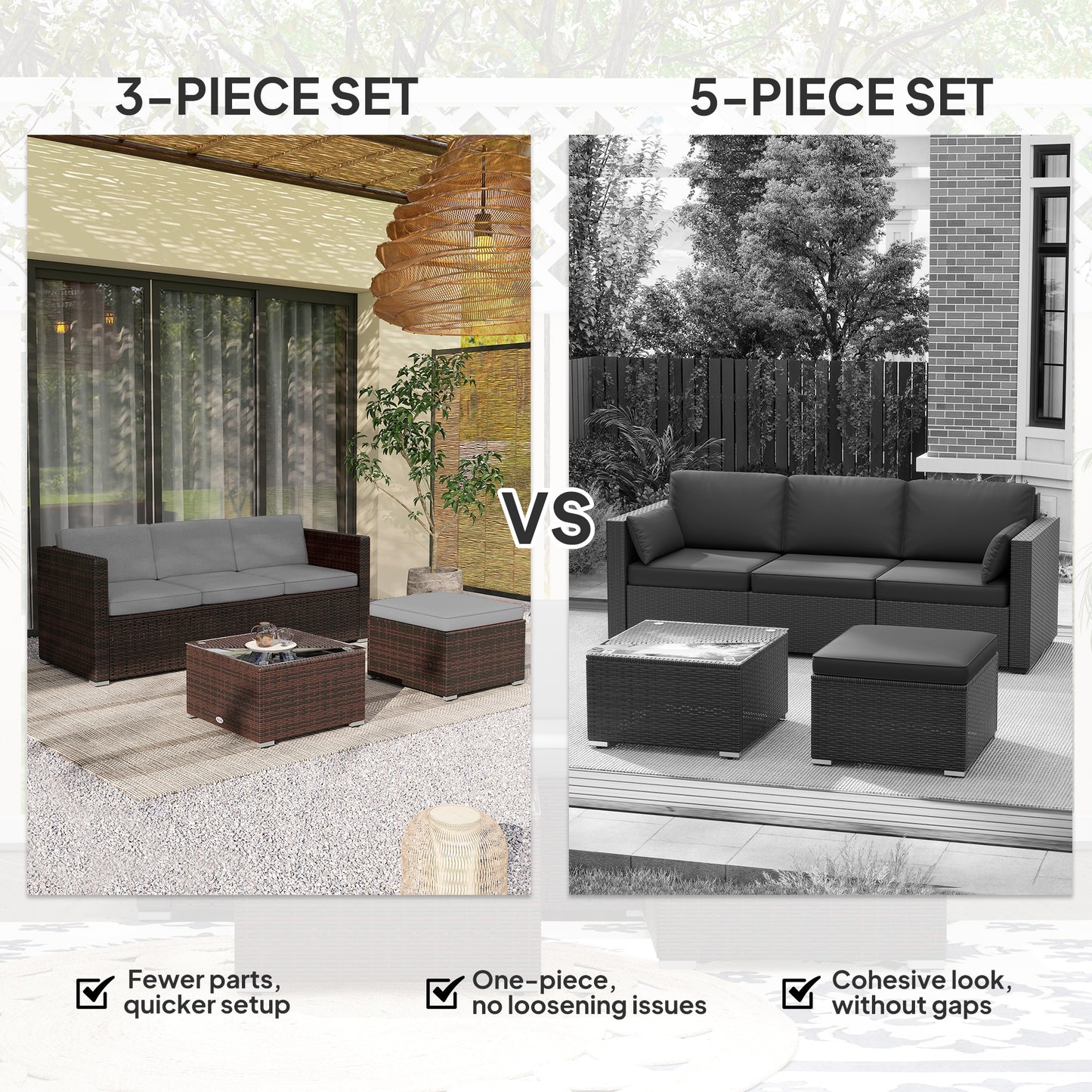 Outsunny 3 Pieces Patio Furniture Set with Cushions, Outdoor PE Rattan Wicker Conversation Corner Sofa Set with Glass Top Table and Adjustable Foot for Garden, Lawn, Cream White