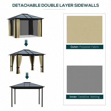 Outsunny 10' x 12' Hard Top Gazebo Canopy Sunshelter Waterproof Sun Shade with Sidewalls and Mosquito Netting