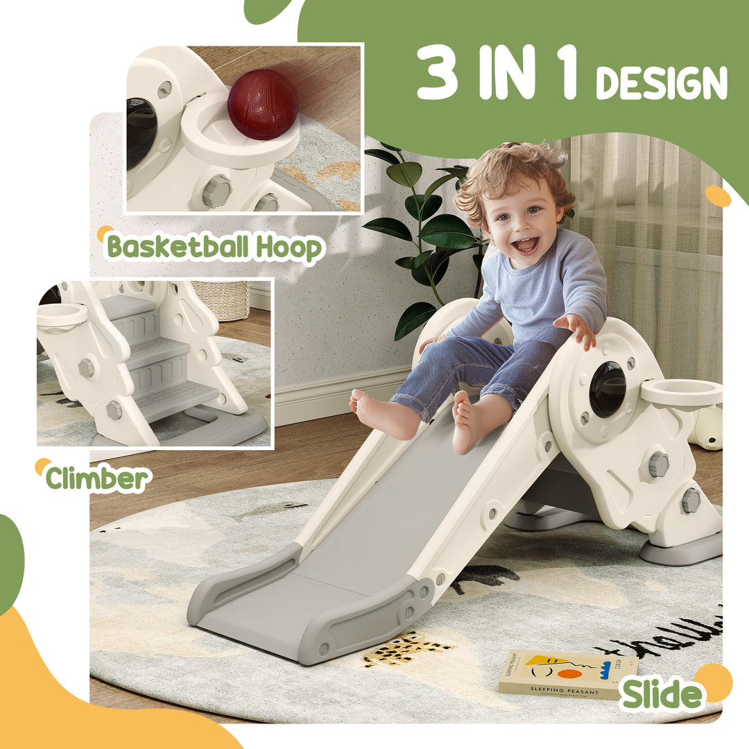 Qaba 3 in 1 Toddler Slide, Foldable Kids Slide with Basketball Hoop, Climber, Anti-Slide Step for Ages 2-5, Cream White