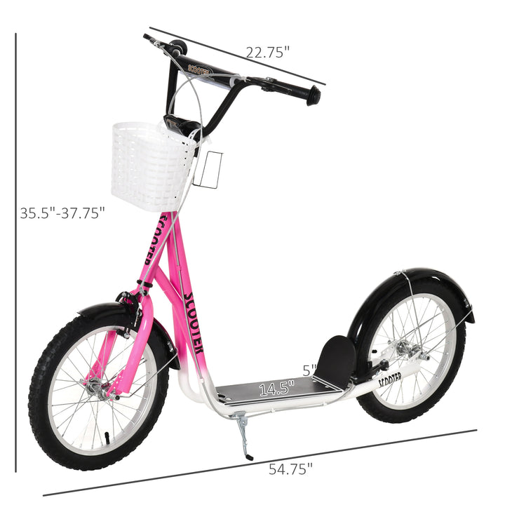 Aosom Kick Scooter with Adjustable Handlebar, Kids Scooter with 2 Brakes Basket Cupholder 16" Inflatable Rubber Tyres Pink