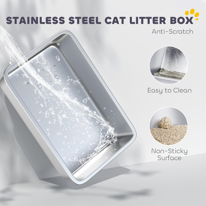 PawHut XL Stainless Steel Cat Litter Box for Big Cats with Flip Top, Scoop, Easy Clean & No Odors, Non-Sticky