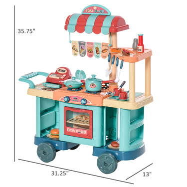 Qaba 50 Pcs Kids Fast Food Shop Cart Cash Register Toy, Pretend Playset Multi-Functional Kitchen Supermarket Toys Trolley Set with Ice Cream Gift for Boys Girls Age 3 4 5 6