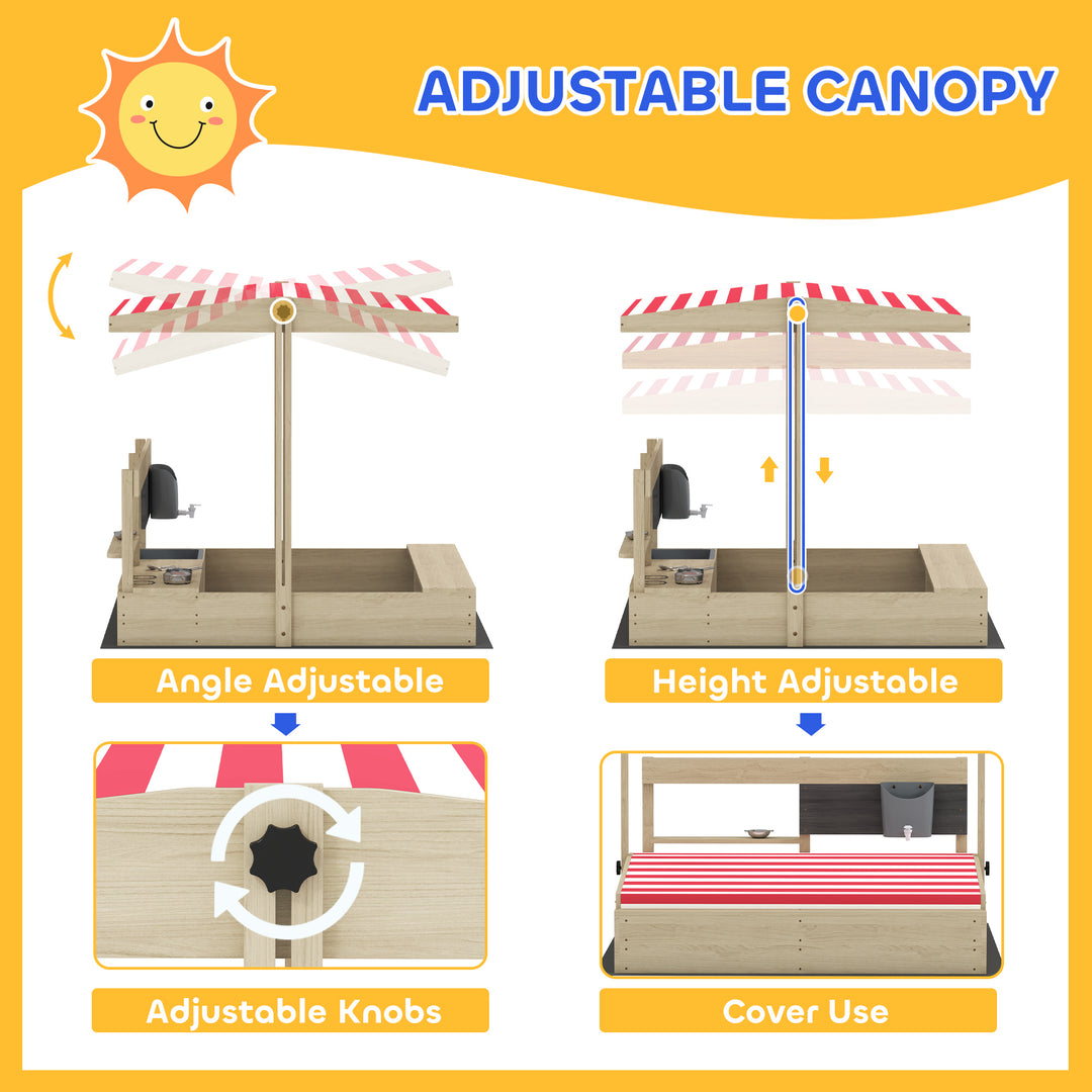 Outsunny Kids Sandbox with Cover Kitchen Playset Toys, Wooden Sand Box with Seat, Storage, for 3-7 Years Old, Grey