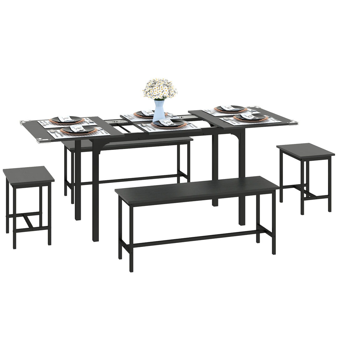 HOMCOM Extendable Dining Table Set, 5-Piece Dining Set for 4-6 with 2 Benches and 2 Stools for Small Spaces, Black