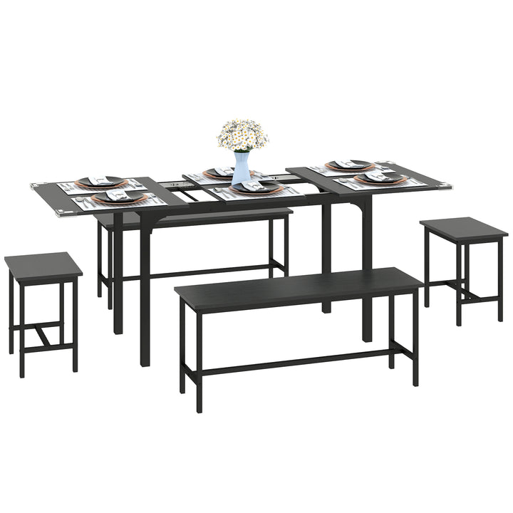 HOMCOM Extendable Dining Table Set, 5-Piece Dining Set for 4-6 with 2 Benches and 2 Stools for Small Spaces, Black