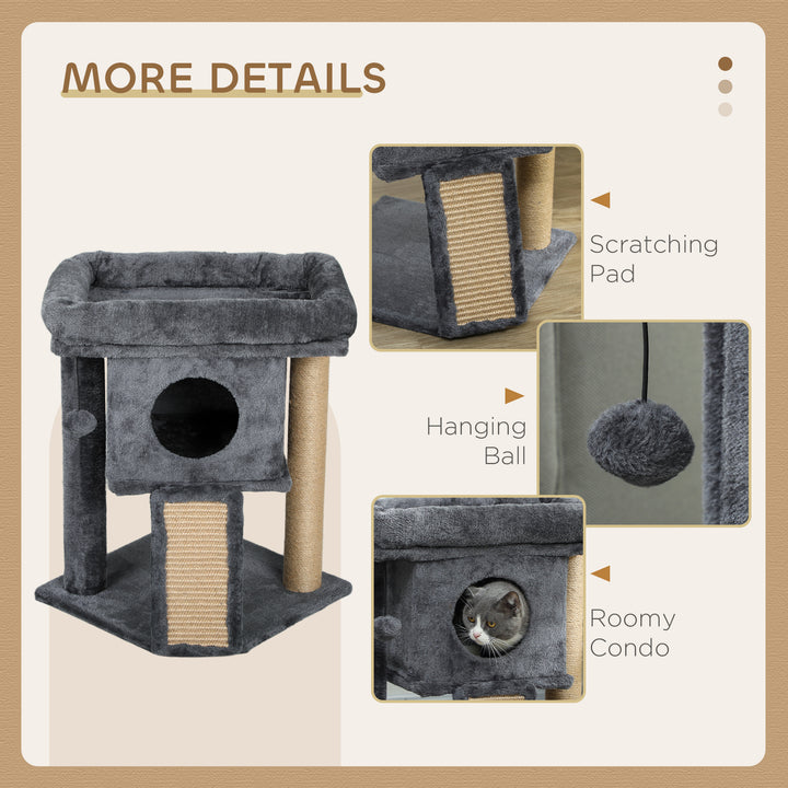 PawHut Cat Tree, Small Cat Tower with Perch, Scratching Post, Cat Condo, Toy Ball for Kitty, Indoor Use, Grey