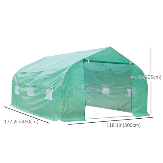 Outsunny 15' x 10' x 7' Walk-in Greenhouse Outdoor Plant Tunnel Warm Hot House w/ Roll Up Door and 6 Mesh Windows, Steel Frame, Green