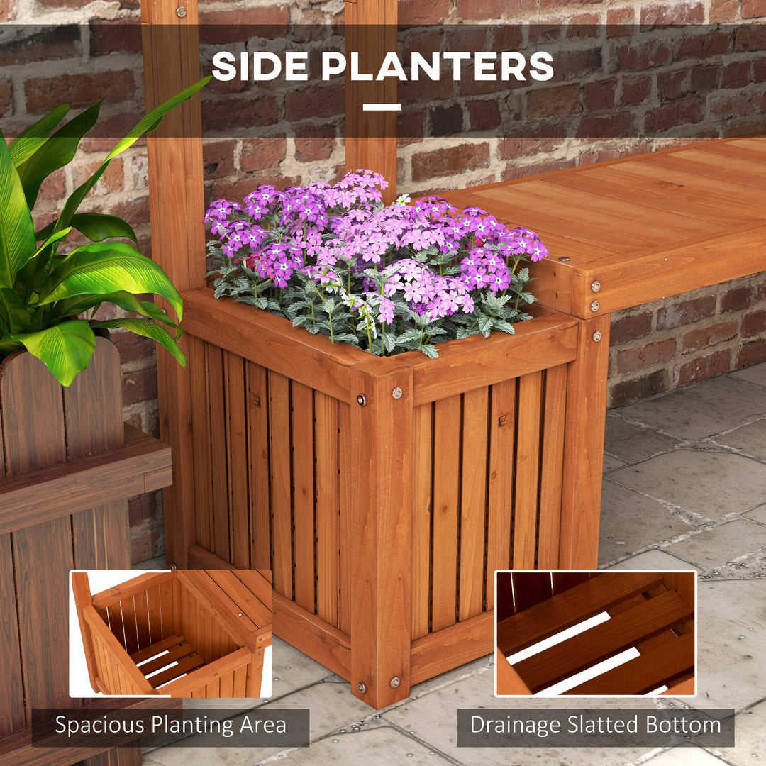 Outsunny Wood Outdoor Bench with Trellis for Climbing Plants and 2 Planter Boxes Garden Planter with Bench Privacy Panel Brown