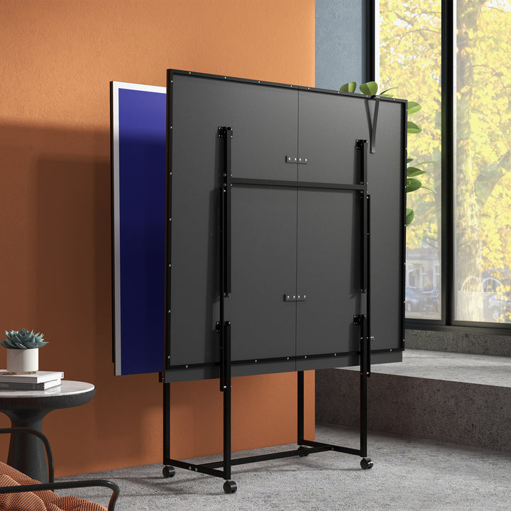 Soozier Full Size Table Tennis Table, Folding Ping Pong Table with Net, Paddles, Balls and Wheels, Blue