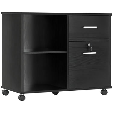 Vinsetto Lateral Filing Cabinet with Wheels, Locking File Cabinet, Mobile Printer Stand with Open Shelves and Drawers for A4 Size Documents, Black