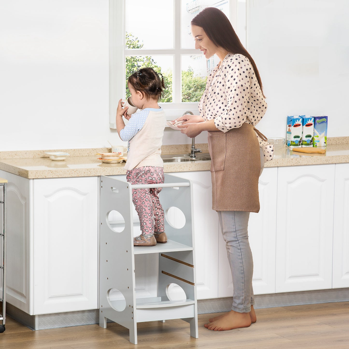HOMCOM Toddler Tower Kitchen Helper with 3-Level Adjustable Height, Heavy-Duty Kids Step Stool with Safety Rail, White